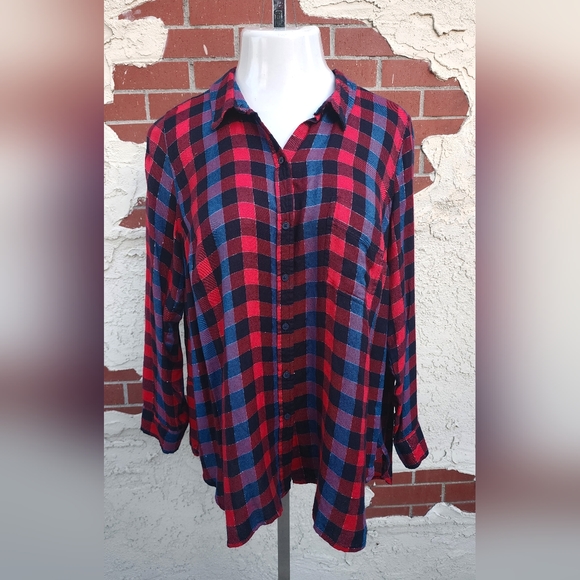 XL women LUCKY BRAND plaid button long sleeve red black split back - Picture 3 of 16